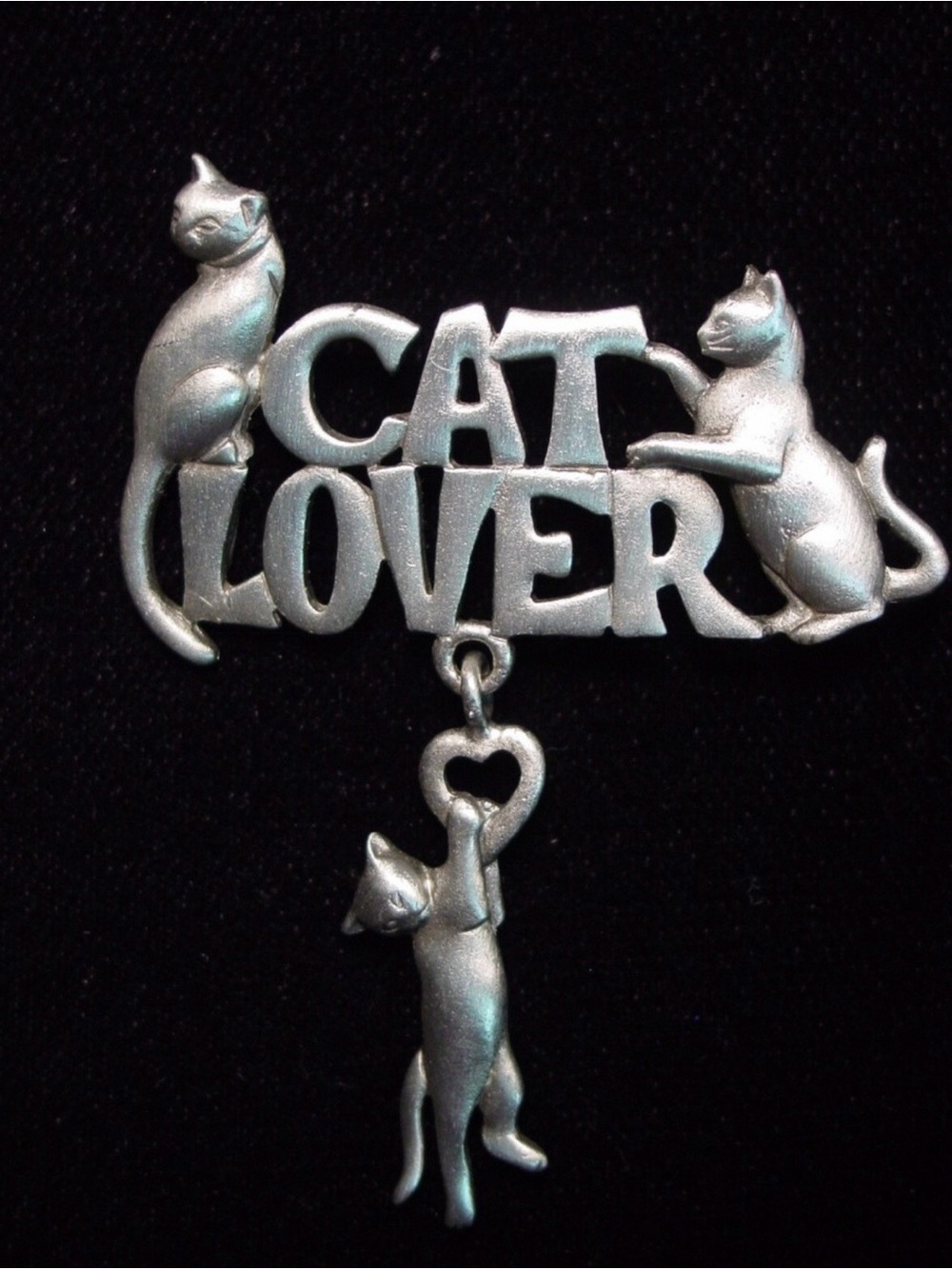 JJ Jonette Vintage Pewter "CAT LOVER" Dangle Brooch Pin